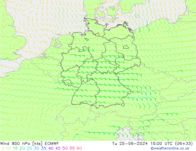 Wind 850 hPa ECMWF Tu 25.06.2024 15 UTC