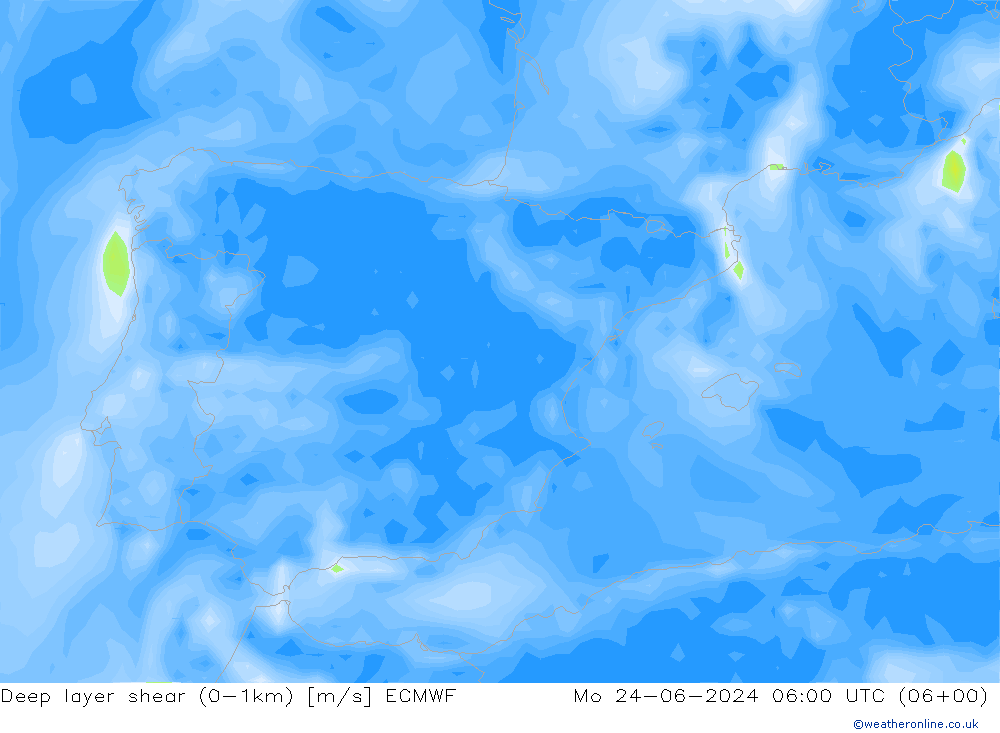 Deep layer shear (0-1km) ECMWF Mo 24.06.2024 06 UTC