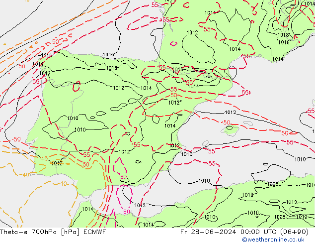 Theta-e 700hPa ECMWF Fr 28.06.2024 00 UTC