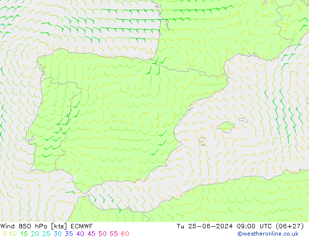 Wind 850 hPa ECMWF Út 25.06.2024 09 UTC