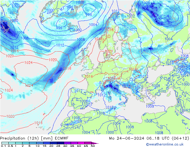 Totale neerslag (12h) ECMWF ma 24.06.2024 18 UTC