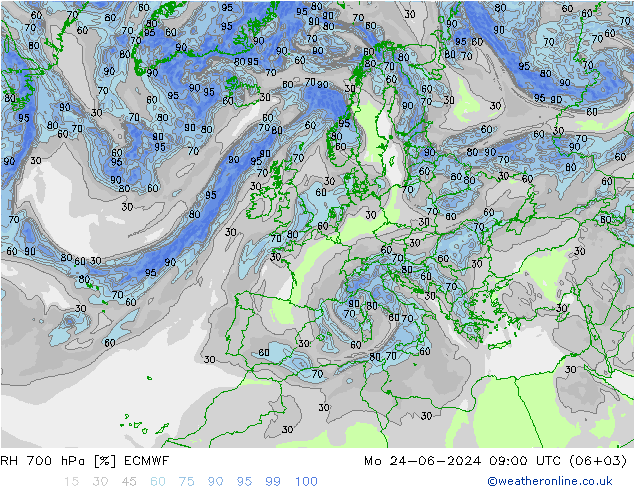 RH 700 hPa ECMWF 星期一 24.06.2024 09 UTC