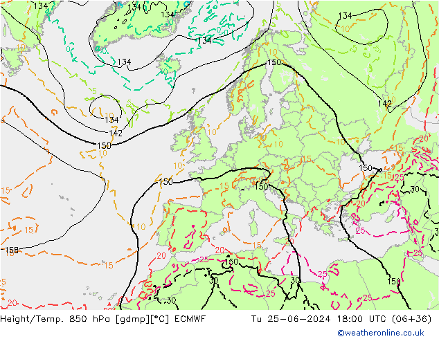 Z500/Rain (+SLP)/Z850 ECMWF Út 25.06.2024 18 UTC