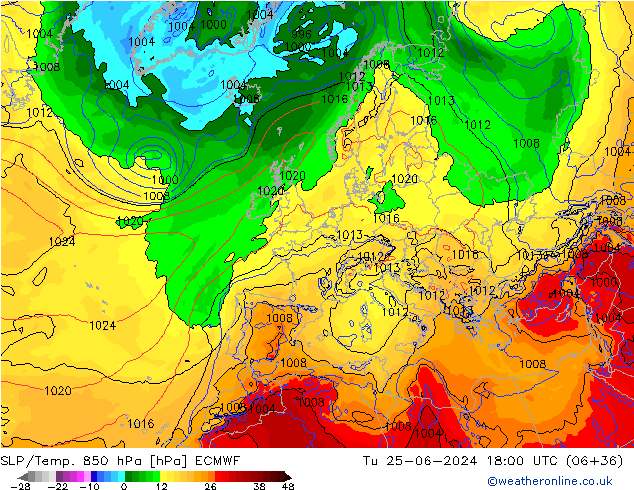 SLP/Temp. 850 гПа ECMWF вт 25.06.2024 18 UTC