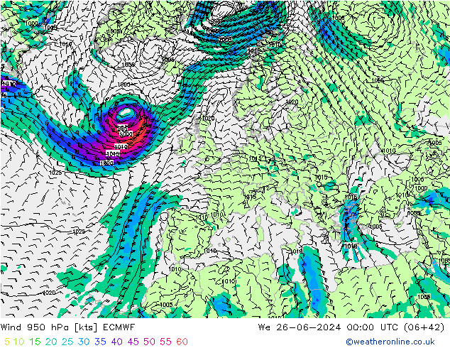 Wind 950 hPa ECMWF St 26.06.2024 00 UTC