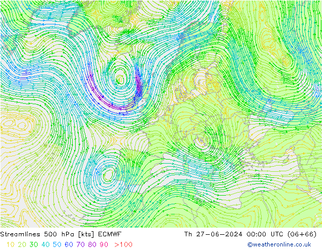 Stroomlijn 500 hPa ECMWF do 27.06.2024 00 UTC