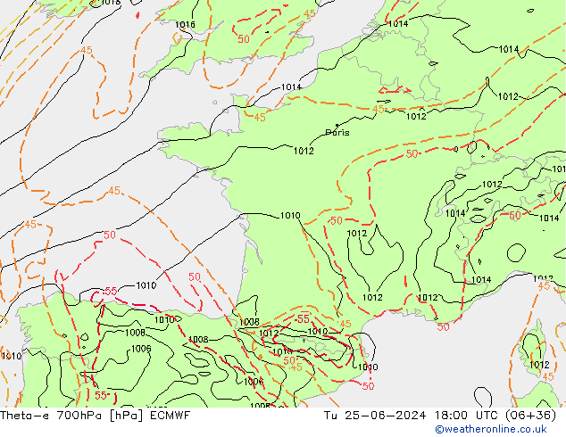 Theta-e 700hPa ECMWF Tu 25.06.2024 18 UTC