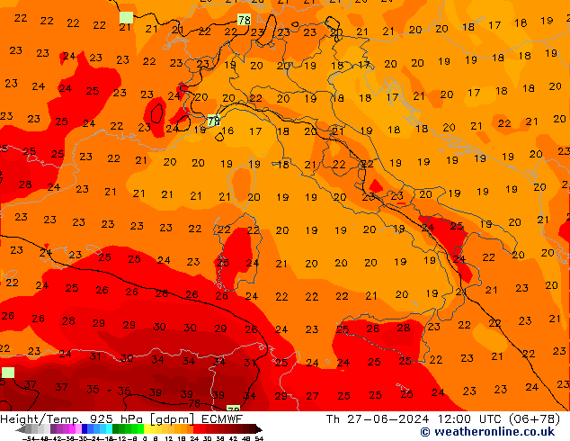 Height/Temp. 925 hPa ECMWF Th 27.06.2024 12 UTC