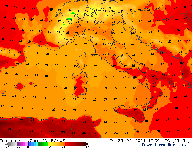 Temperature (2m) ECMWF We 26.06.2024 12 UTC