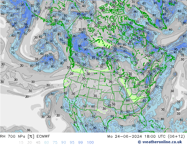 RH 700 hPa ECMWF Mo 24.06.2024 18 UTC