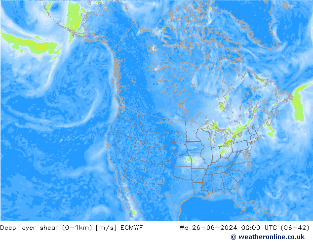 Deep layer shear (0-1km) ECMWF We 26.06.2024 00 UTC