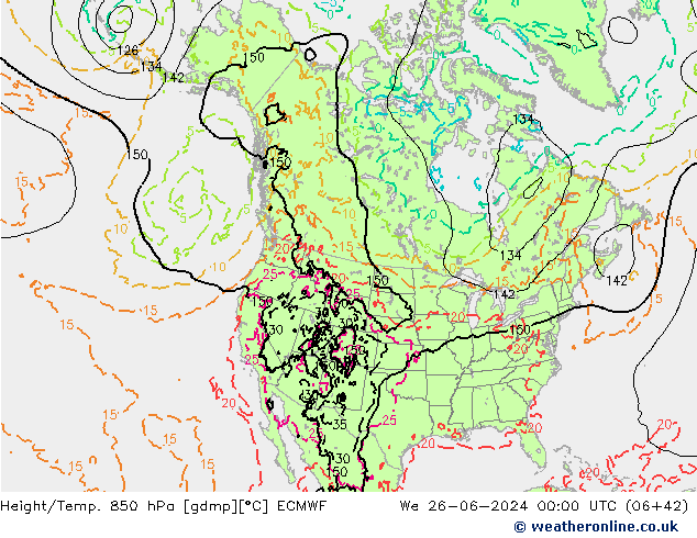 Z500/Yağmur (+YB)/Z850 ECMWF Çar 26.06.2024 00 UTC