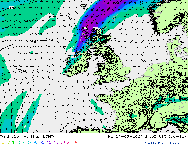 Wind 850 hPa ECMWF Po 24.06.2024 21 UTC