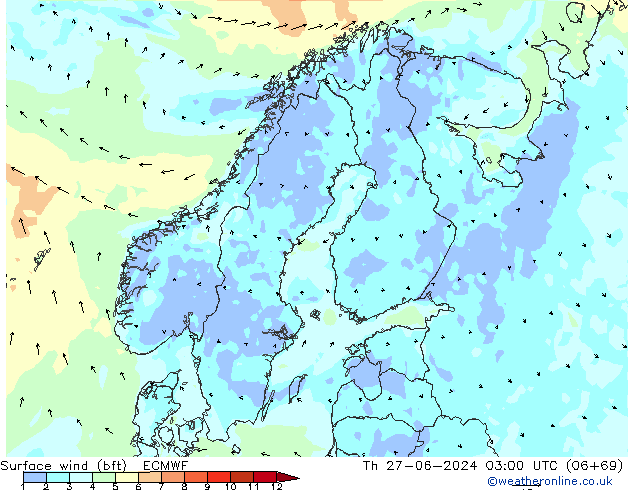 Surface wind (bft) ECMWF Th 27.06.2024 03 UTC