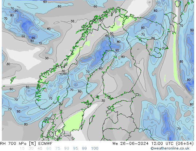 RH 700 hPa ECMWF We 26.06.2024 12 UTC