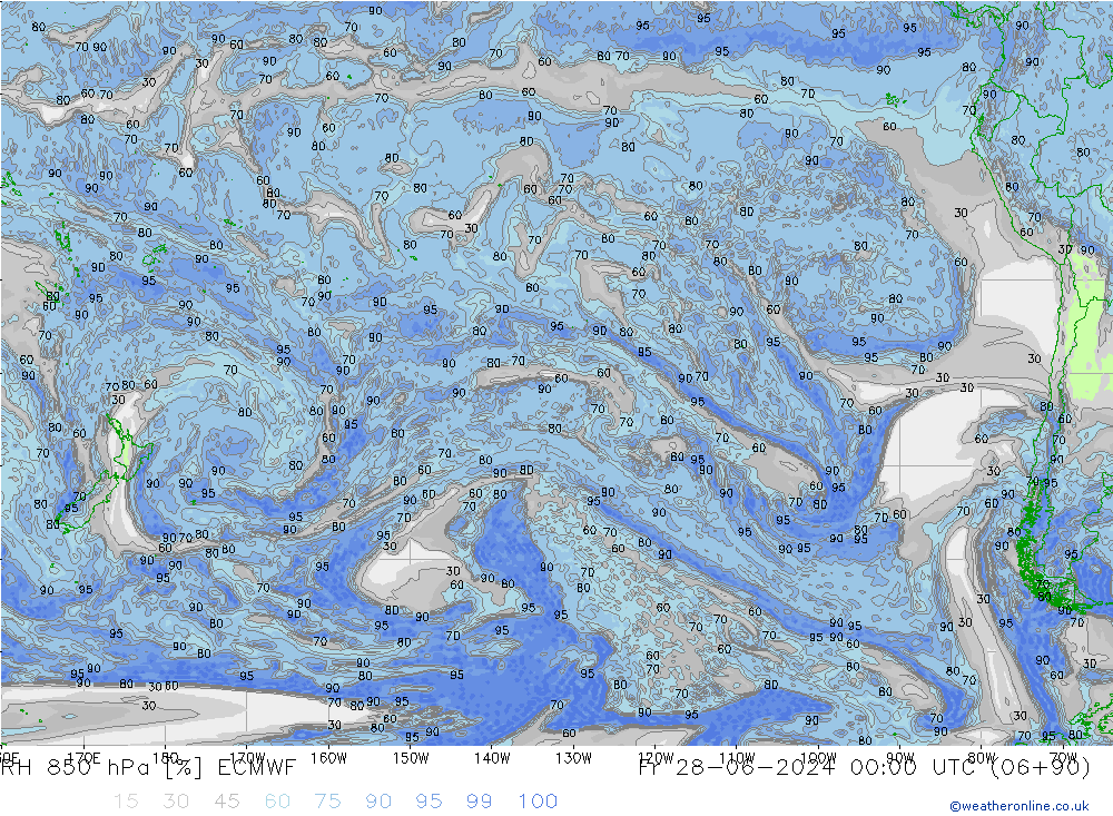 Humedad rel. 850hPa ECMWF vie 28.06.2024 00 UTC