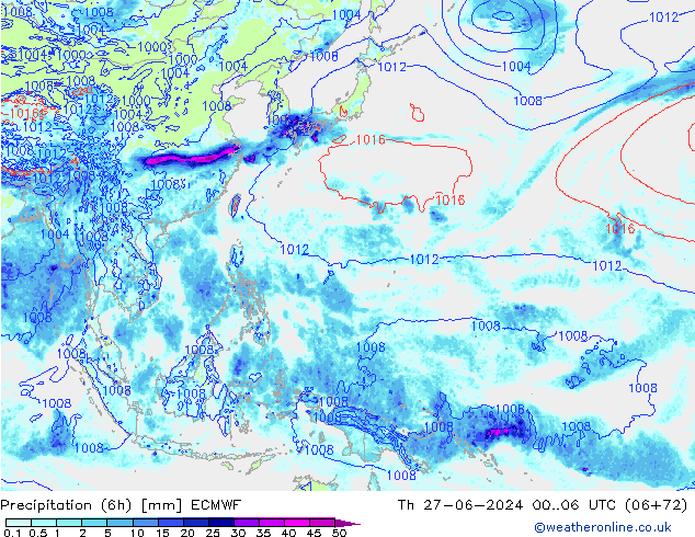 Precipitation (6h) ECMWF Th 27.06.2024 06 UTC