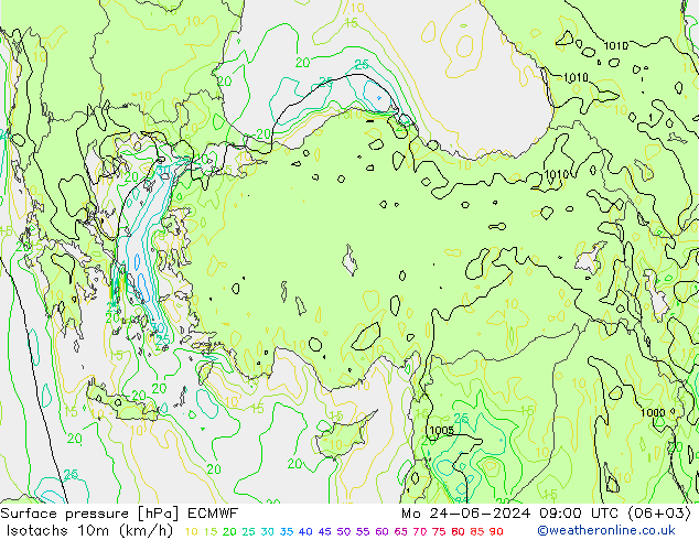 Izotacha (km/godz) ECMWF pon. 24.06.2024 09 UTC