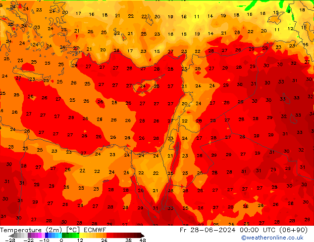 Temperatura (2m) ECMWF ven 28.06.2024 00 UTC