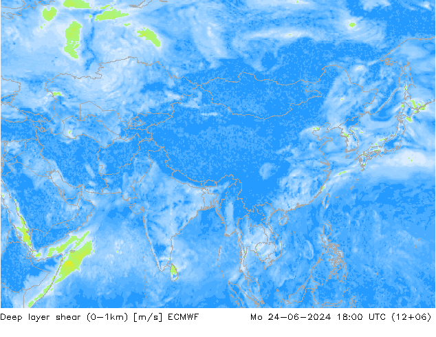 Deep layer shear (0-1km) ECMWF lun 24.06.2024 18 UTC