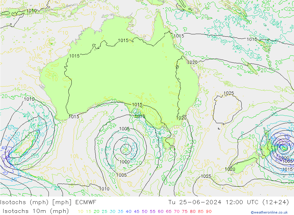 Isotachs (mph) ECMWF Tu 25.06.2024 12 UTC