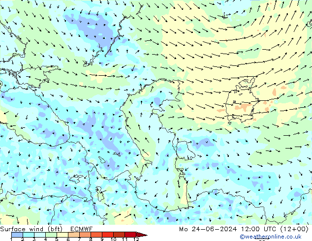 Surface wind (bft) ECMWF Mo 24.06.2024 12 UTC