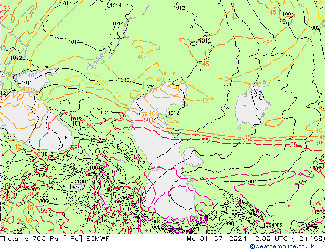 Theta-e 700hPa ECMWF lun 01.07.2024 12 UTC