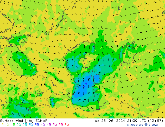 Surface wind ECMWF We 26.06.2024 21 UTC