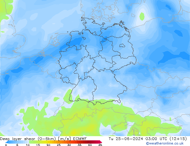 Deep layer shear (0-6km) ECMWF вт 25.06.2024 03 UTC