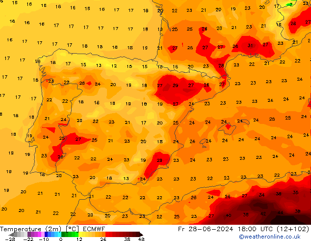 Temperature (2m) ECMWF Fr 28.06.2024 18 UTC