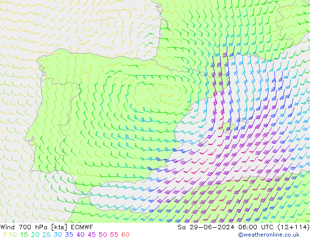 Vento 700 hPa ECMWF sab 29.06.2024 06 UTC