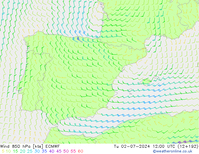 wiatr 850 hPa ECMWF wto. 02.07.2024 12 UTC