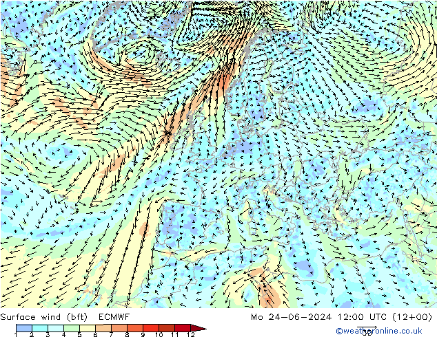 Surface wind (bft) ECMWF Po 24.06.2024 12 UTC