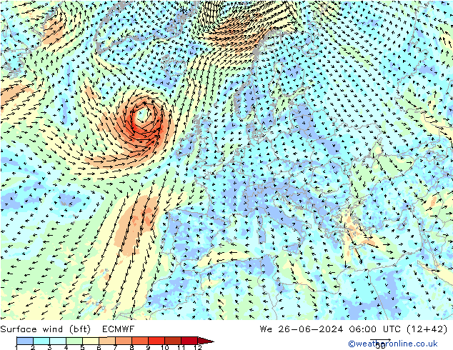 Surface wind (bft) ECMWF St 26.06.2024 06 UTC