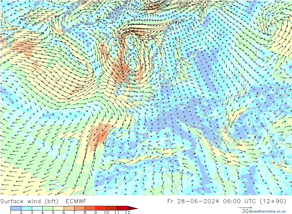 Surface wind (bft) ECMWF Fr 28.06.2024 06 UTC