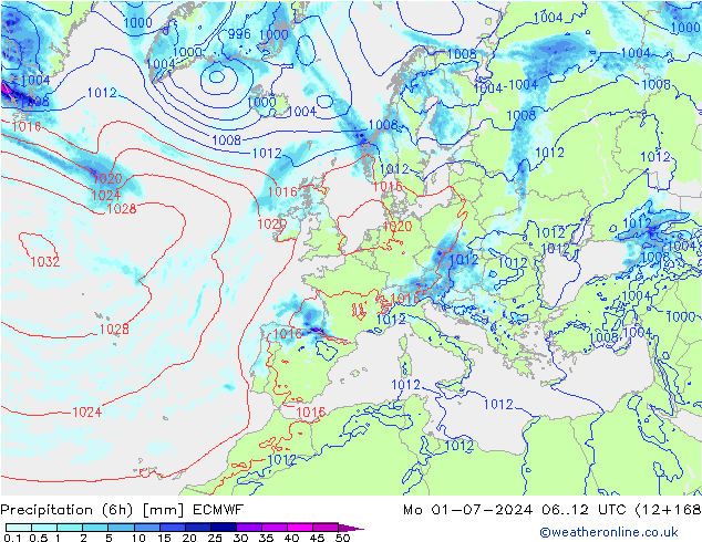 Z500/Rain (+SLP)/Z850 ECMWF pon. 01.07.2024 12 UTC