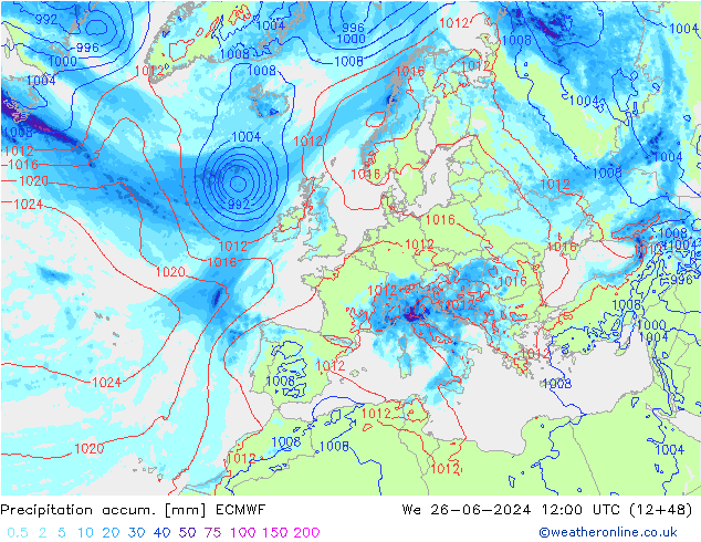 Precipitation accum. ECMWF We 26.06.2024 12 UTC