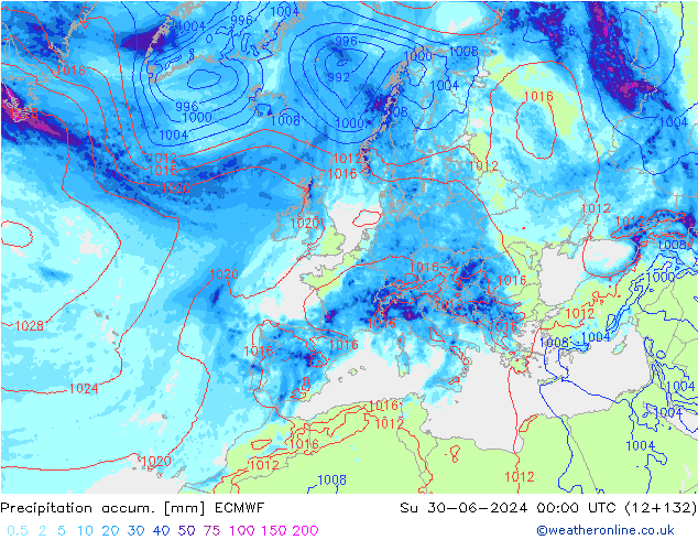 Precipitation accum. ECMWF dom 30.06.2024 00 UTC