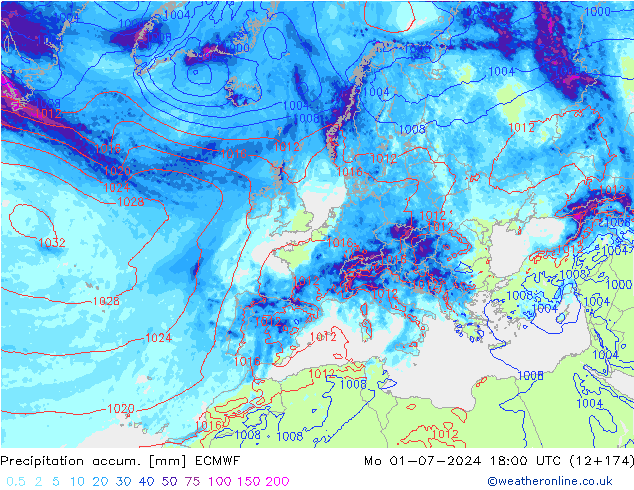 Precipitation accum. ECMWF пн 01.07.2024 18 UTC