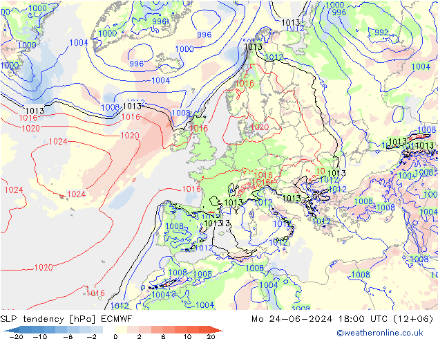 SLP tendency ECMWF Mo 24.06.2024 18 UTC