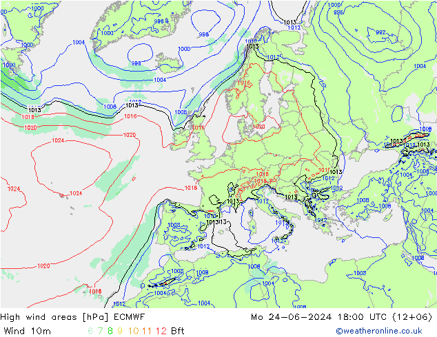 High wind areas ECMWF lun 24.06.2024 18 UTC