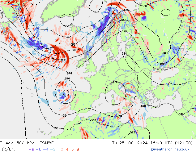 T-Adv. 500 гПа ECMWF вт 25.06.2024 18 UTC