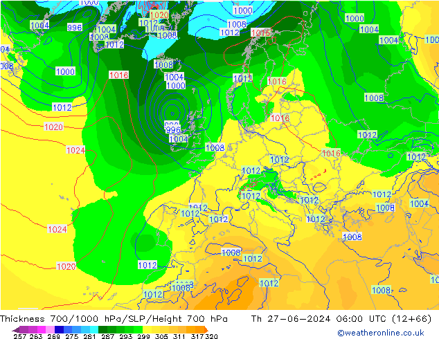 Thck 700-1000 hPa ECMWF gio 27.06.2024 06 UTC