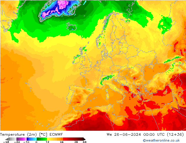 Temperatura (2m) ECMWF mer 26.06.2024 00 UTC