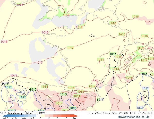 Tendenza di Pressione ECMWF lun 24.06.2024 21 UTC