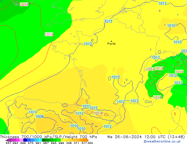 Thck 700-1000 hPa ECMWF  26.06.2024 12 UTC