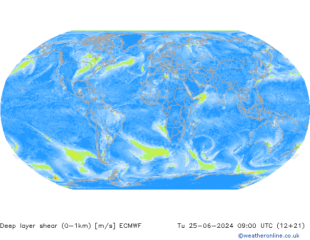 Deep layer shear (0-1km) ECMWF  25.06.2024 09 UTC