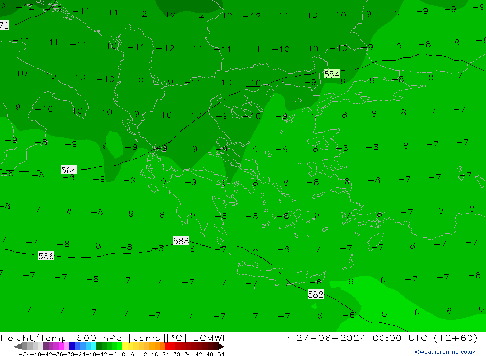 Z500/Rain (+SLP)/Z850 ECMWF Čt 27.06.2024 00 UTC