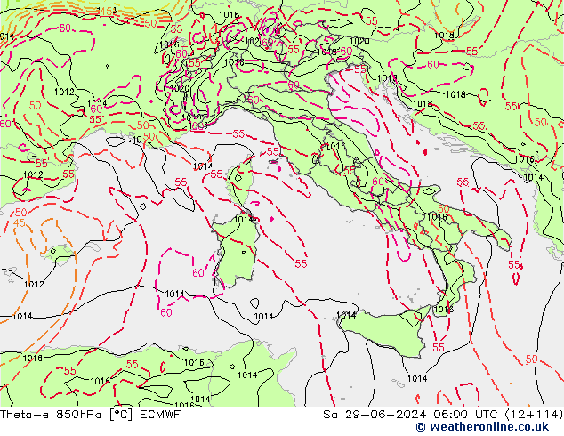 Theta-e 850hPa ECMWF sab 29.06.2024 06 UTC