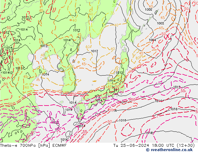 Theta-e 700hPa ECMWF wto. 25.06.2024 18 UTC